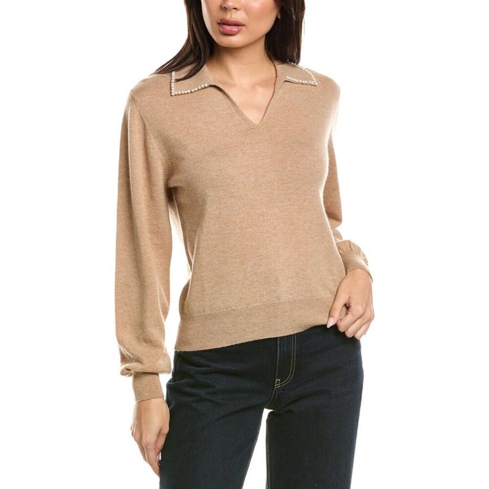 Brodie Cashmere Womens  Pearl Collar Wool & Cashmere-Blend Polo Sweater, Brown